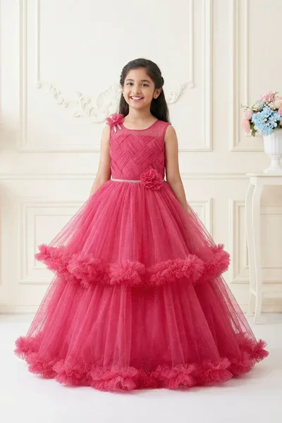 Rani Pink Layered Net Party Gown with Floral Ruffle Hem For Girls